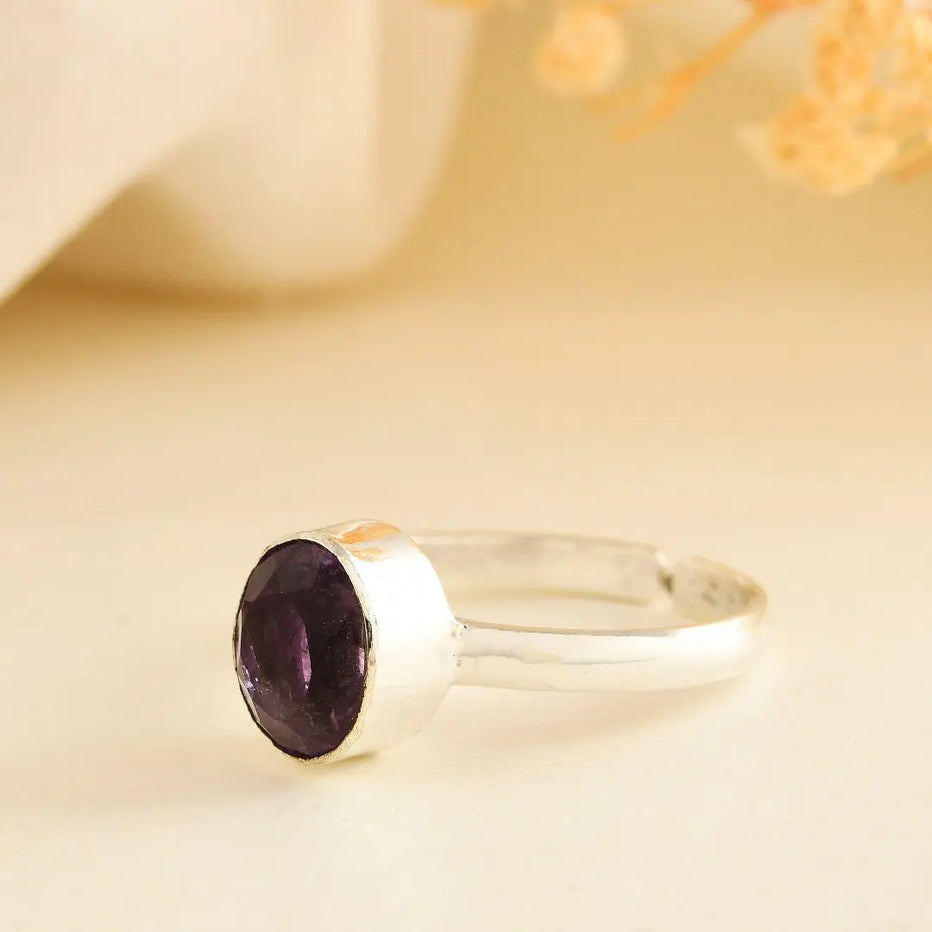 Amethyst Diamond Cut Adjustable Ring